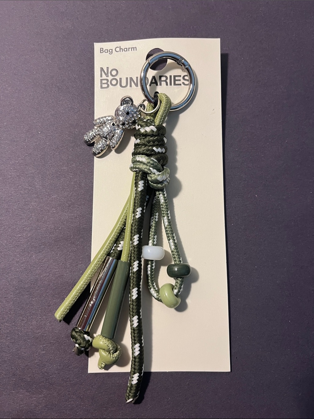 No Boundaries Olive Green Tassel Bag Charm with Silver Teddy